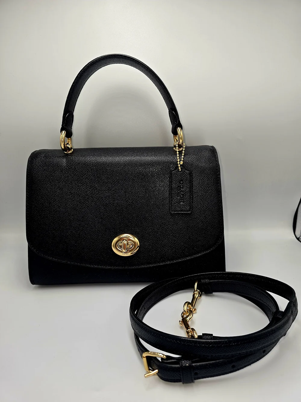 COACH F76618 Tilly Top Handle Satchel Black Crossgrain Leather Gold Turnlock *